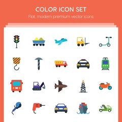 Modern Simple Set of transports, industry Vector flat Icons. ..Contains such Icons as air, vehicle,  automobile,  speed,  tool,  building and more on red background. Fully Editable. Pixel Perfect..