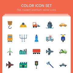 Modern Simple Set of transports, industry Vector flat Icons. ..Contains such Icons as  distribution, vehicle,  car,  sedan,  light,  repair and more on red background. Fully Editable. Pixel Perfect..