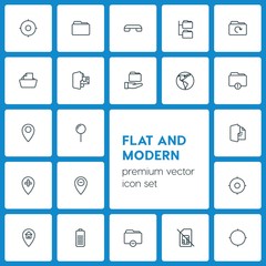 Modern Simple Set of location, folder, mobile Vector outline Icons. ..Contains such Icons as  technology,  travel,  globe,  pin, earth, card and more on dark background. Fully Editable. Pixel Perfect