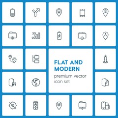 Modern Simple Set of location, folder, mobile Vector outline Icons. ..Contains such Icons as  computer,  electronic,  car,  sign,  modern and more on dark background. Fully Editable. Pixel Perfect