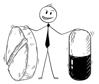 Cartoon Stick Man Drawing Conceptual Illustration Of Businessman Holding Two Big Pills. Business Concept Of Pharmacy And Pharmaceutical Industry.