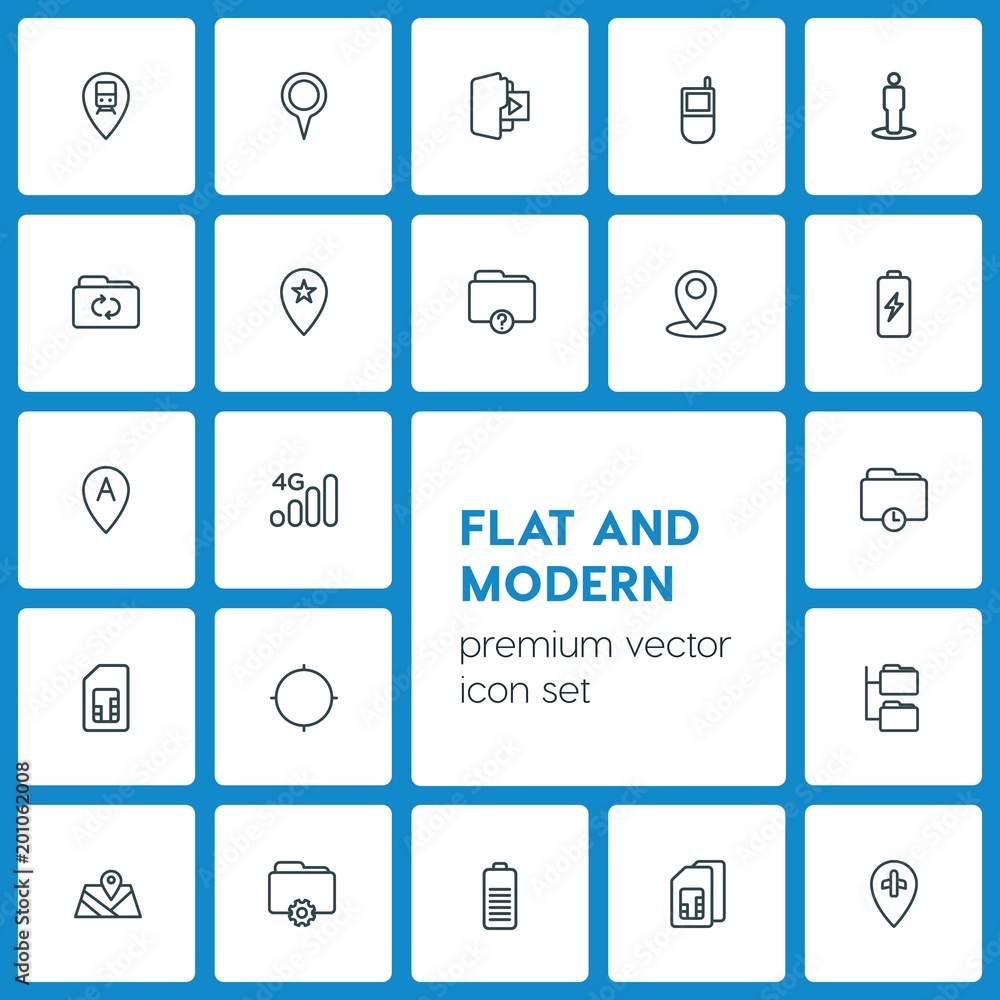 Poster modern simple set of location, folder, mobile vector outline icons. ..contains such icons as interne