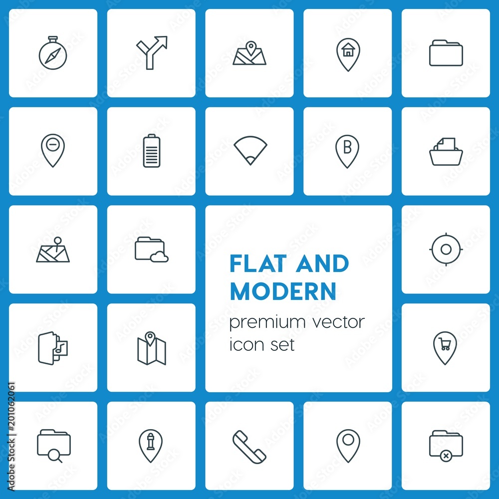 Poster modern simple set of location, folder, mobile vector outline icons. ..contains such icons as telepho