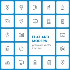 Modern Simple Set of location, folder, mobile Vector outline Icons. ..Contains such Icons as  internet, battery,  place,  journey,  web, map and more on dark background. Fully Editable. Pixel Perfect
