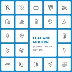 Modern Simple Set of location, folder, mobile Vector outline Icons. ..Contains such Icons as  web,  pointer, location, battery,  white,  no and more on dark background. Fully Editable. Pixel Perfect