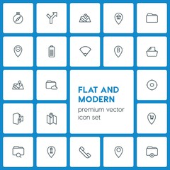 Modern Simple Set of location, folder, mobile Vector outline Icons. ..Contains such Icons as  telephone,  internet,  remove,  way,  place and more on dark background. Fully Editable. Pixel Perfect