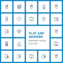 Modern Simple Set of location, folder, mobile Vector outline Icons. ..Contains such Icons as  location,  connection,  design,  folder,  web and more on dark background. Fully Editable. Pixel Perfect