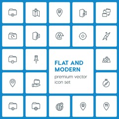 Modern Simple Set of location, folder, mobile Vector outline Icons. ..Contains such Icons as  icon,  add,  symbol,  media, restaurant,  new and more on dark background. Fully Editable. Pixel Perfect
