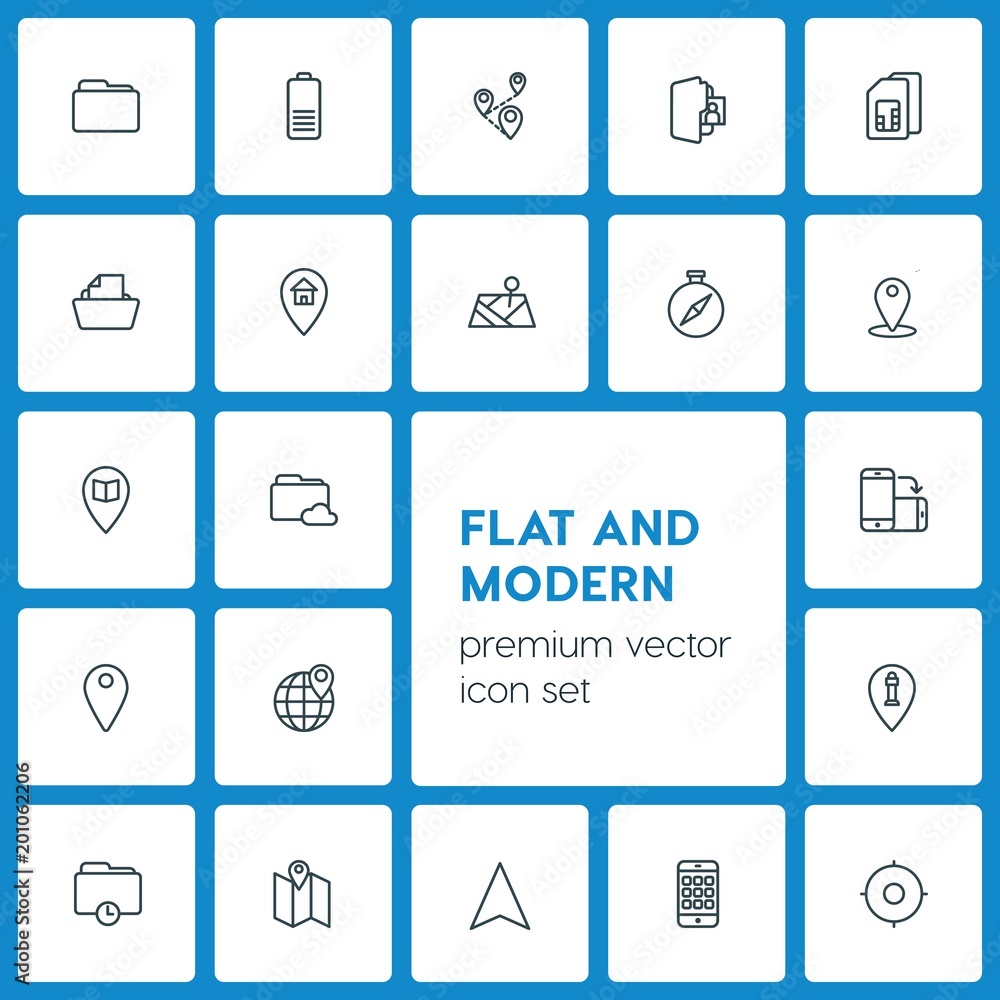 Poster modern simple set of location, folder, mobile vector outline icons. ..contains such icons as telepho