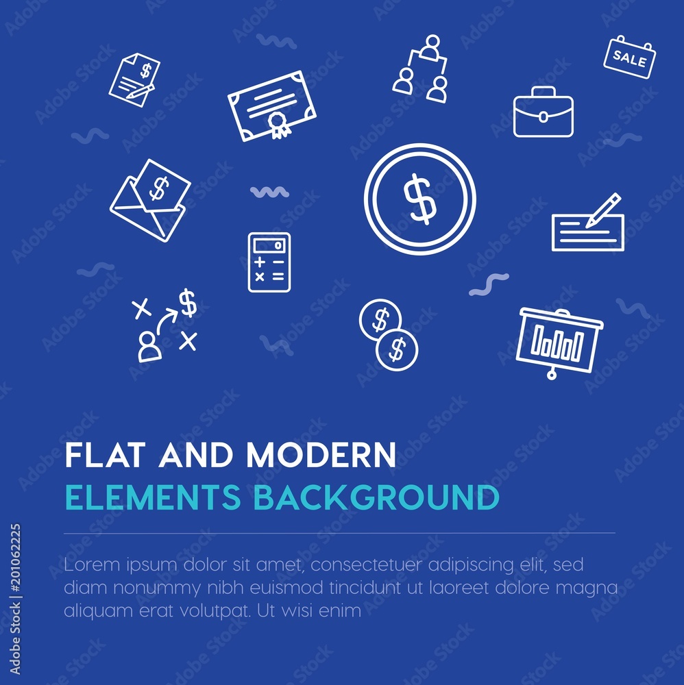 Poster business, money outline vector icons and elements background concept on blue background...multipurpo