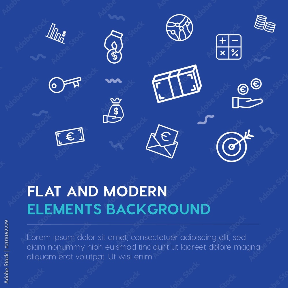 Poster business, money outline vector icons and elements background concept on blue background...multipurpo