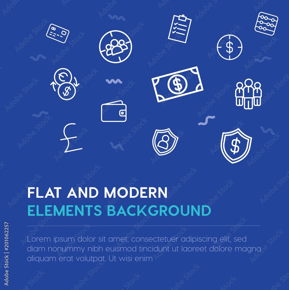 Poster business, money outline vector icons and elements background concept on blue background...multipurpo