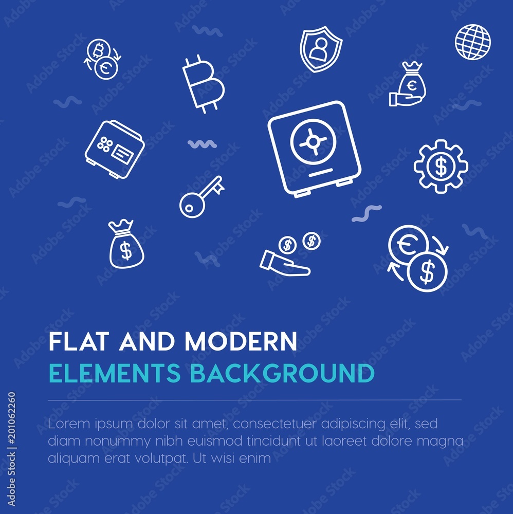 Poster business, money outline vector icons and elements background concept on blue background...multipurpo