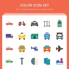 Modern Simple Set of transports, industry Vector flat Icons. ..Contains such Icons as air, gas,  blue,  equipment,  bus,  airplane, speed and more on red background. Fully Editable. Pixel Perfect..