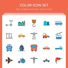 Modern Simple Set of transports, industry Vector flat Icons. ..Contains such Icons as repair, bus, vehicle, vector, circus, energy, gas and more on red background. Fully Editable. Pixel Perfect..
