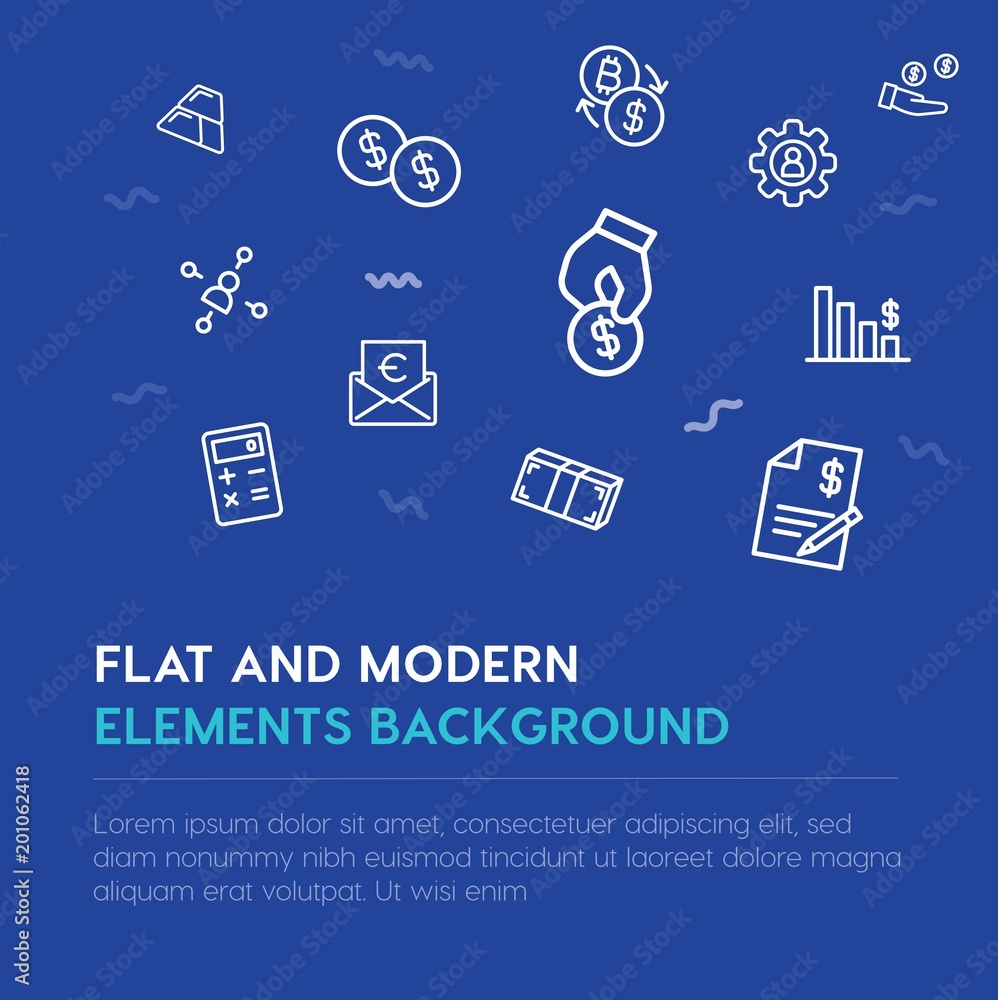 Poster business, money outline vector icons and elements background concept on blue background...Multipurpose use on websites, presentations, brochures and more