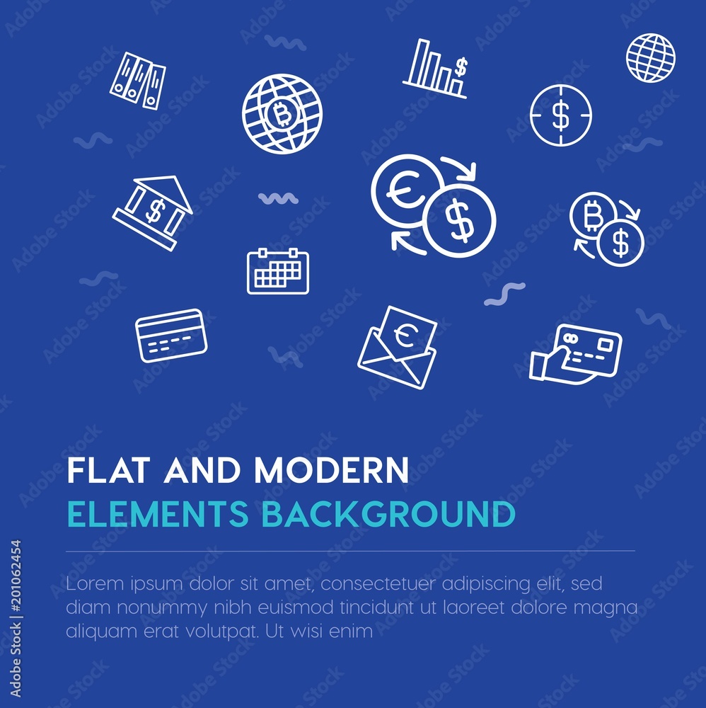 Poster business, money outline vector icons and elements background concept on blue background...multipurpo