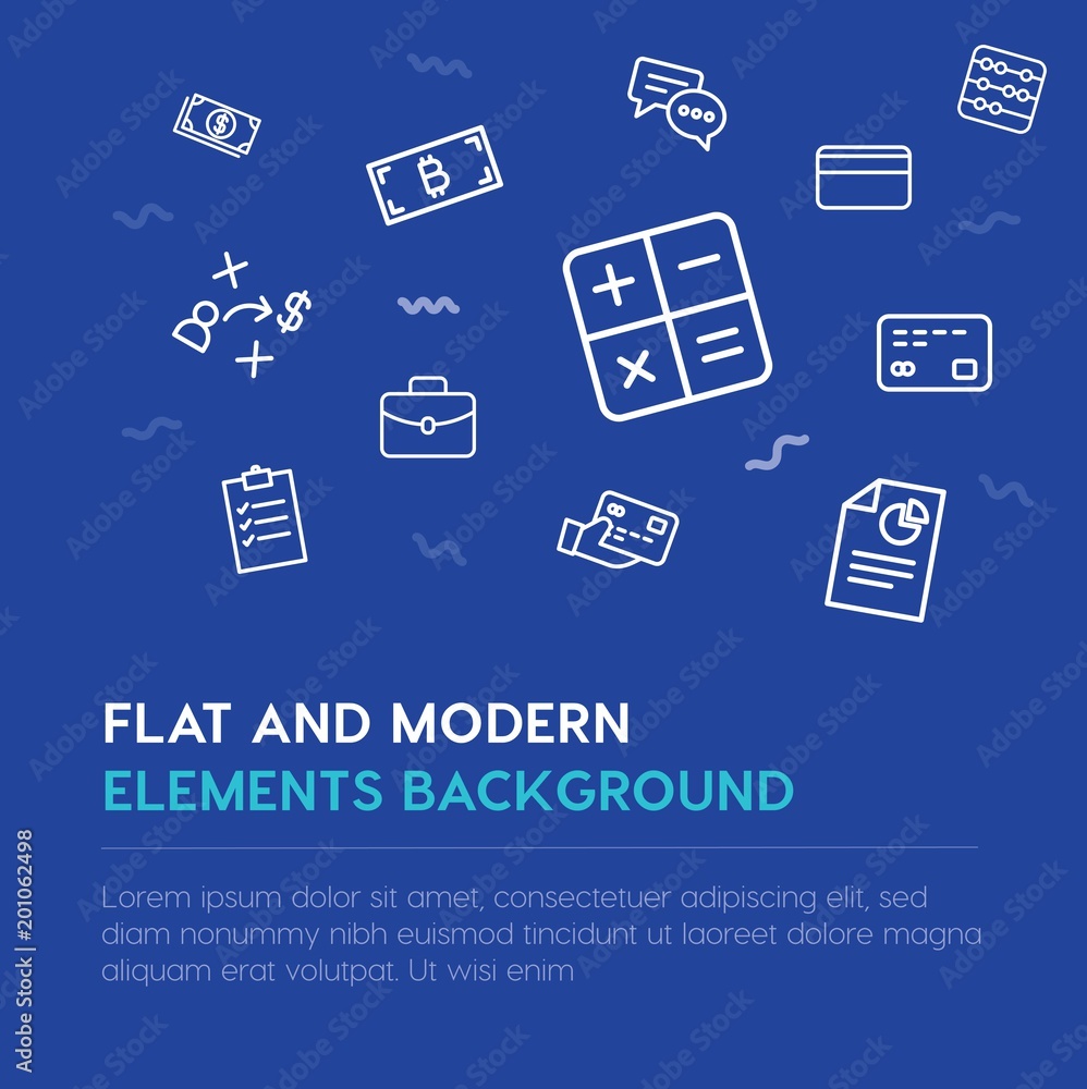 Poster business, money outline vector icons and elements background concept on blue background...multipurpo