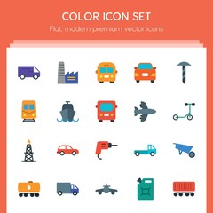 Modern Simple Set of transports, industry Vector flat Icons. ..Contains such Icons as air,  hatchback, truck,  building,  urban,  diesel and more on red background. Fully Editable. Pixel Perfect..