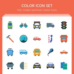 Modern Simple Set of transports, industry Vector flat Icons. ..Contains such Icons as light,  bike,  industry,  green,  city,  pickup, fuel and more on red background. Fully Editable. Pixel Perfect..