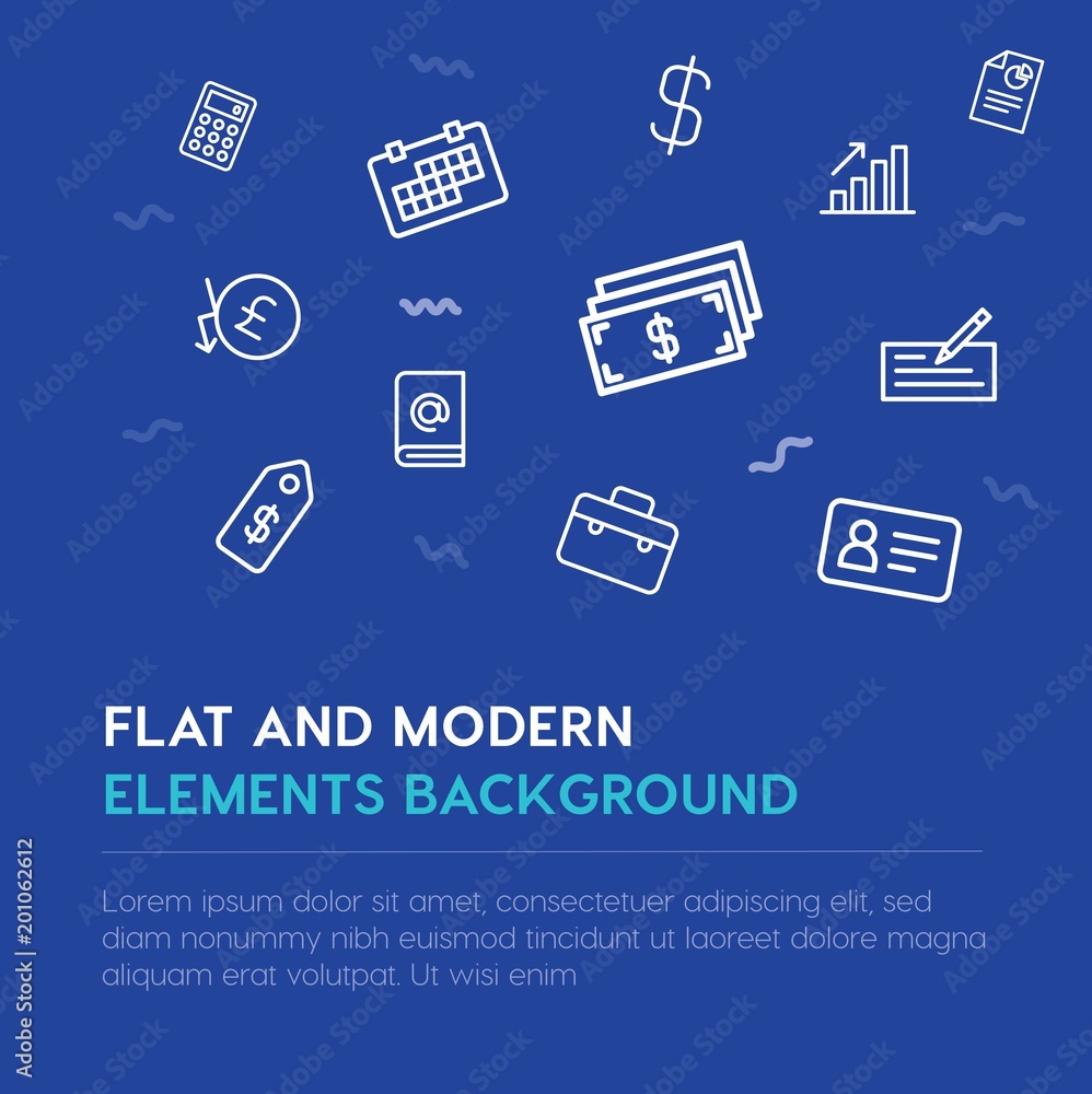 Poster business, money outline vector icons and elements background concept on blue background...multipurpo