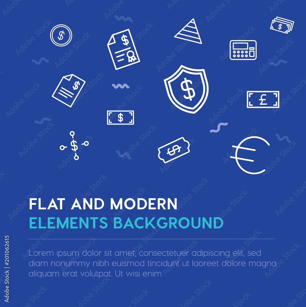 Aufkleber business, money outline vector icons and elements background concept on blue background...multipurpo