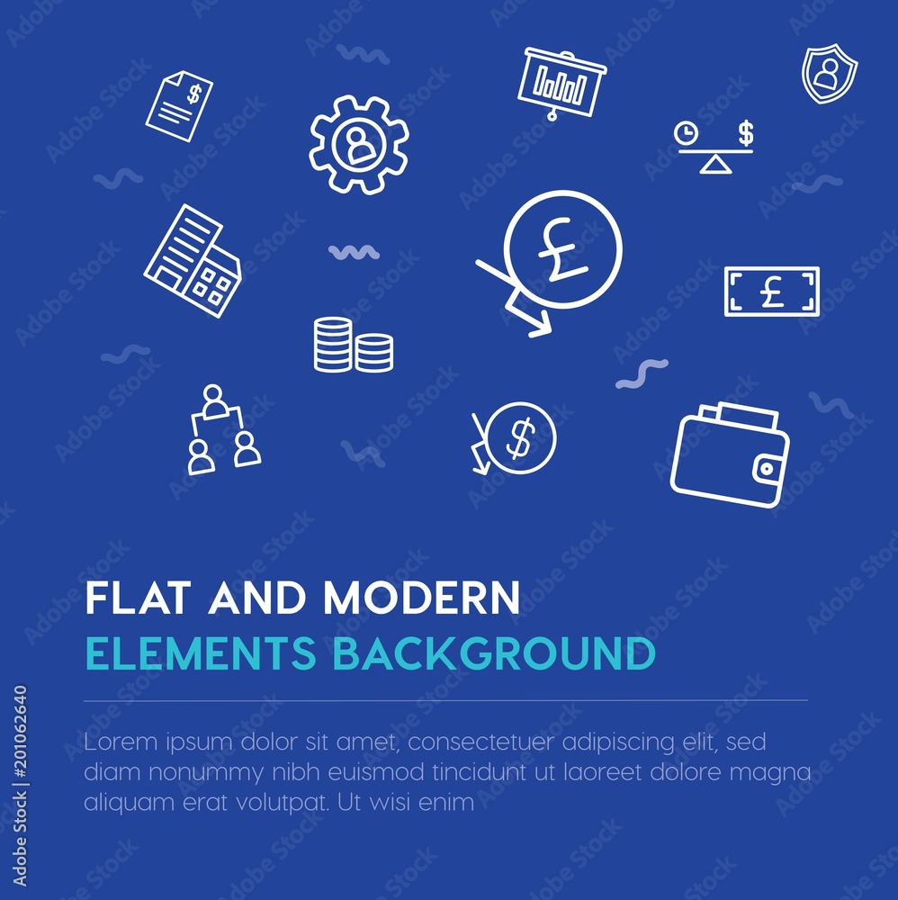 Poster business, money outline vector icons and elements background concept on blue background...multipurpo