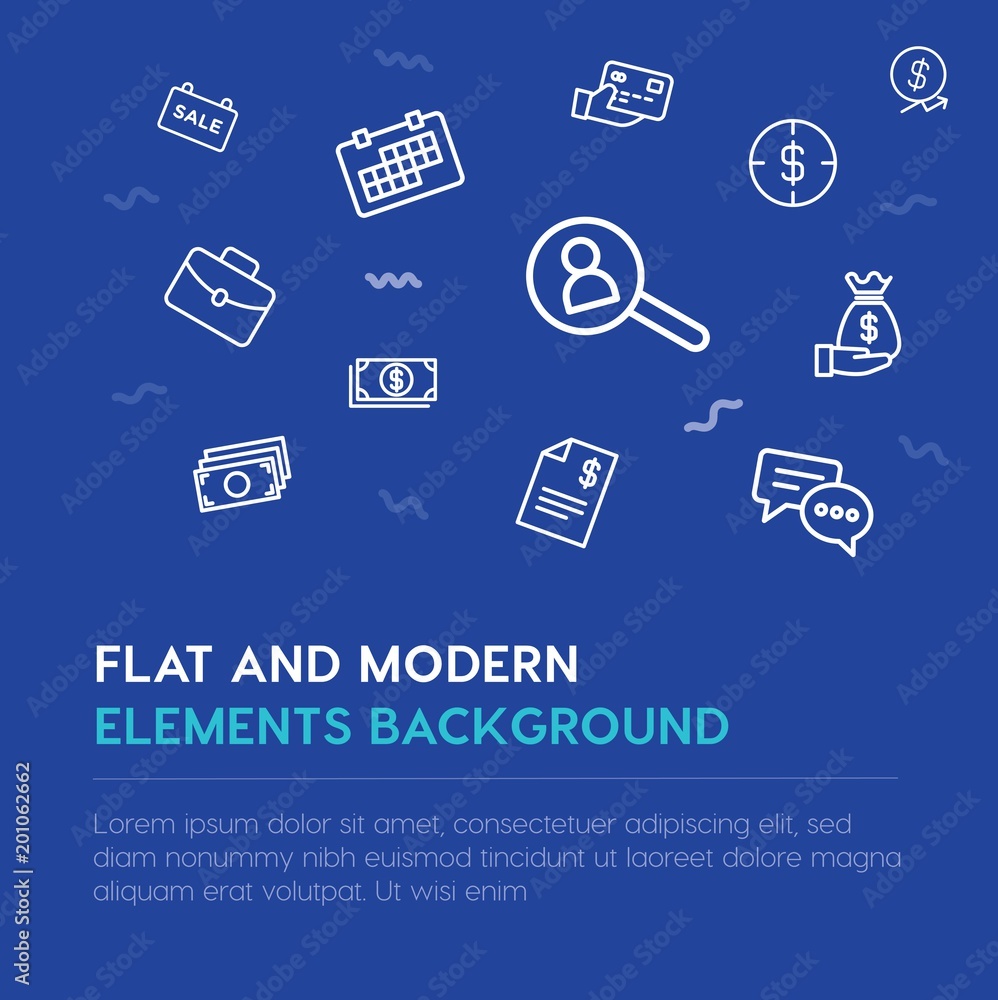 Poster business, money outline vector icons and elements background concept on blue background...multipurpo