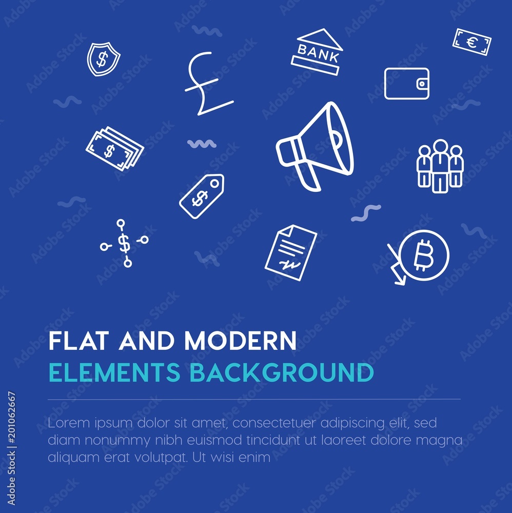 Poster business, money outline vector icons and elements background concept on blue background...multipurpo