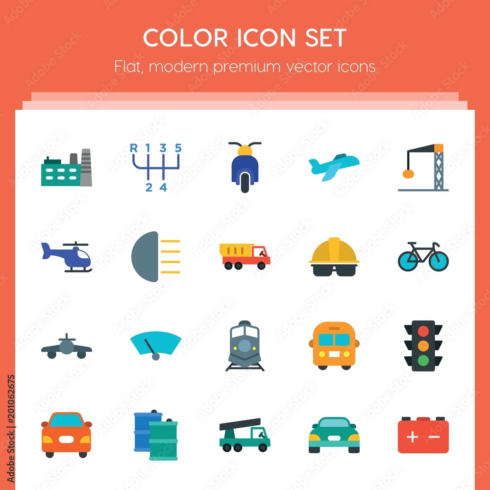 Poster modern simple set of transports, industry vector flat icons. ..contains such icons as plane, battery