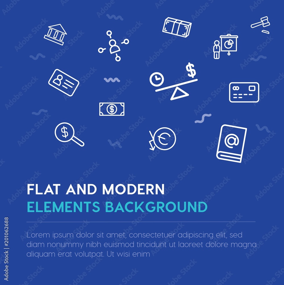 Poster business, money outline vector icons and elements background concept on blue background...multipurpo