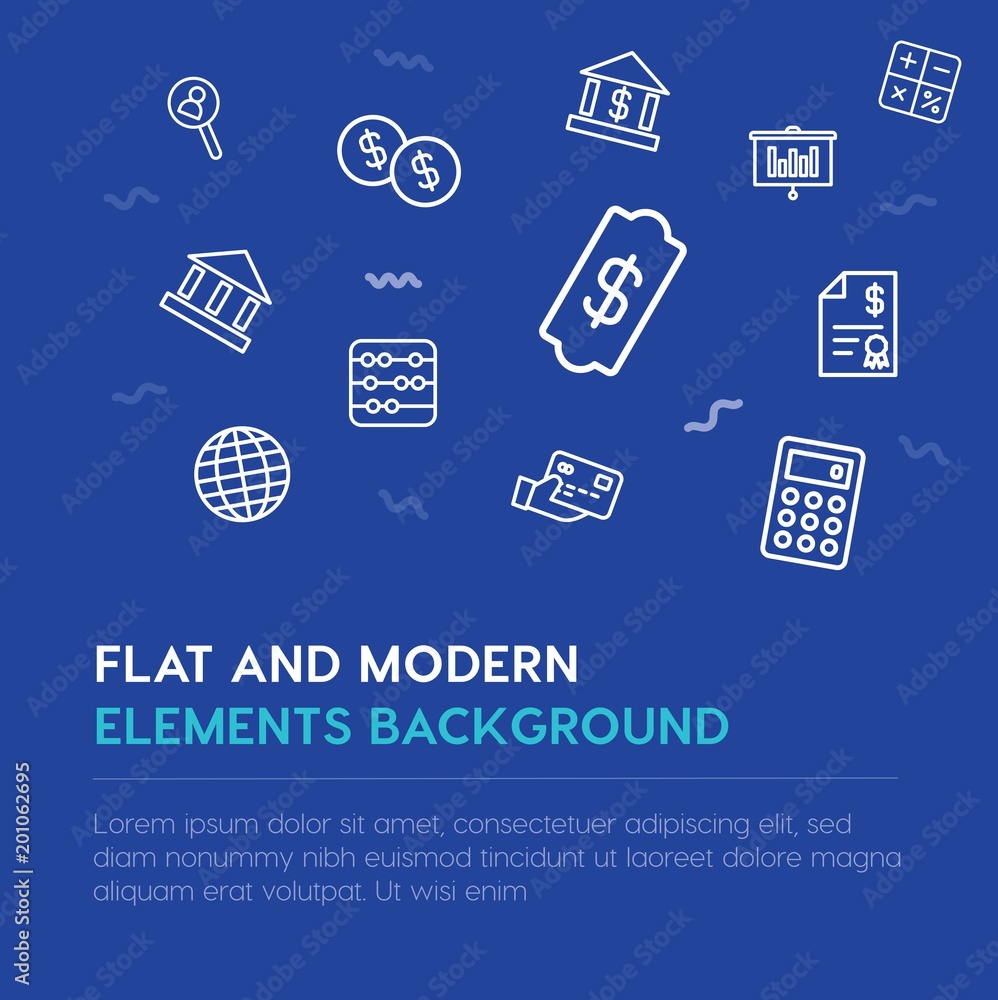 Poster business, money outline vector icons and elements background concept on blue background...multipurpo