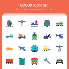 Modern Simple Set of transports, industry Vector flat Icons. ..Contains such Icons as  travel, energy,  vehicle,  police, transportation and more on red background. Fully Editable. Pixel Perfect..