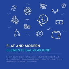 business, money outline vector icons and elements background concept on blue background...Multipurpose use on websites, presentations, brochures and more