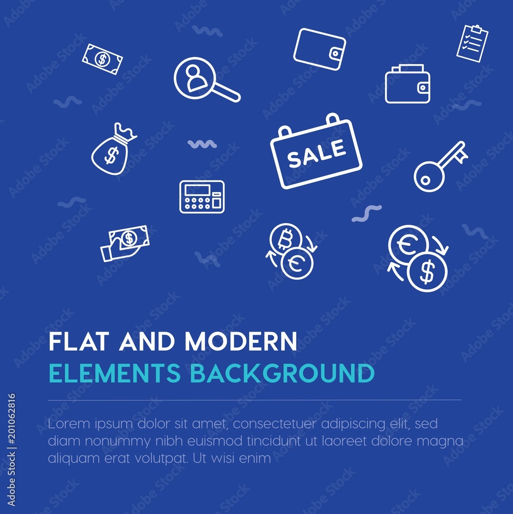 Poster business, money outline vector icons and elements background concept on blue background...multipurpo