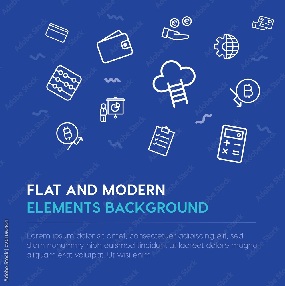 Poster business, money outline vector icons and elements background concept on blue background...multipurpo