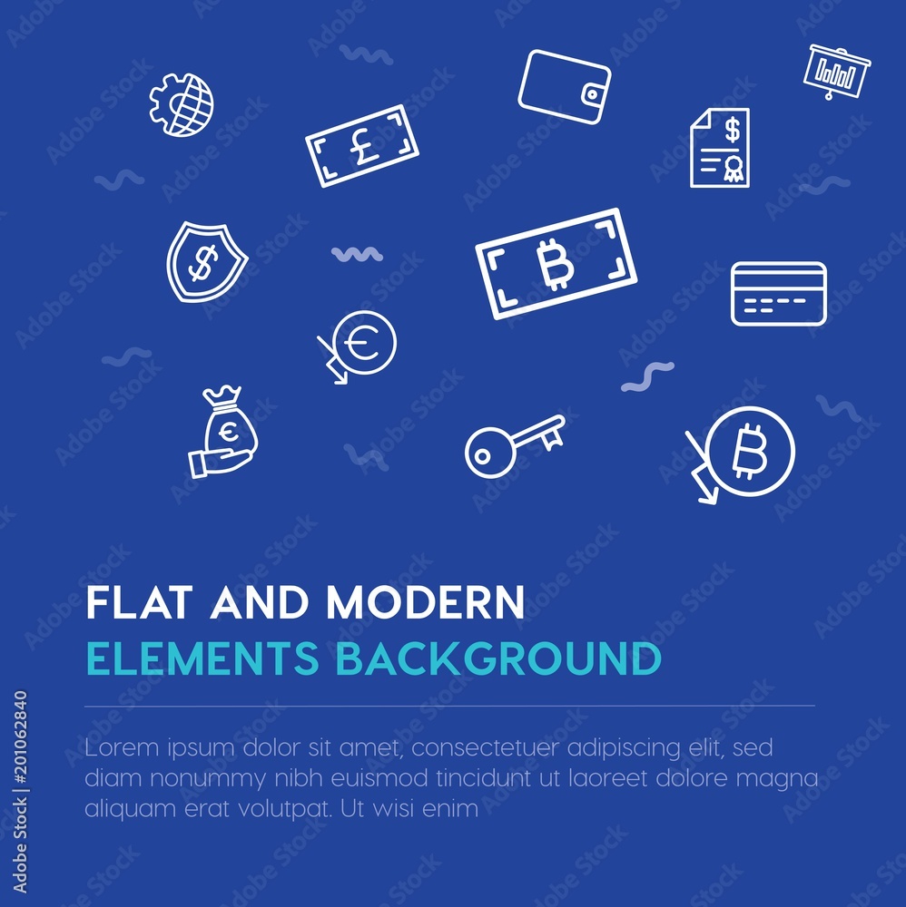 Poster business, money outline vector icons and elements background concept on blue background...multipurpo