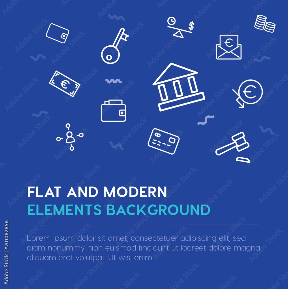 Poster business, money outline vector icons and elements background concept on blue background...multipurpo