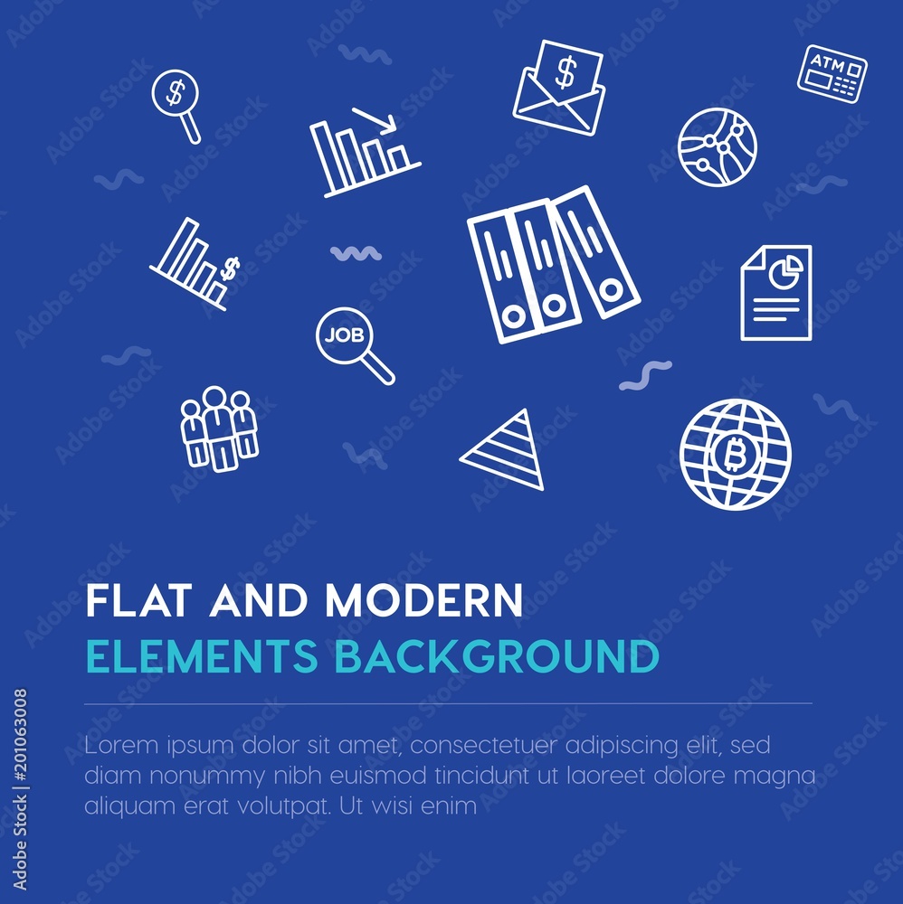 Poster business, money outline vector icons and elements background concept on blue background...multipurpo
