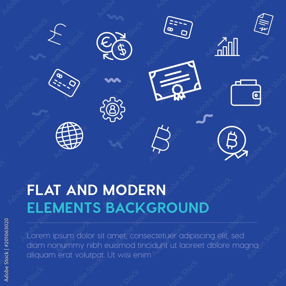 Poster business, money outline vector icons and elements background concept on blue background...multipurpo