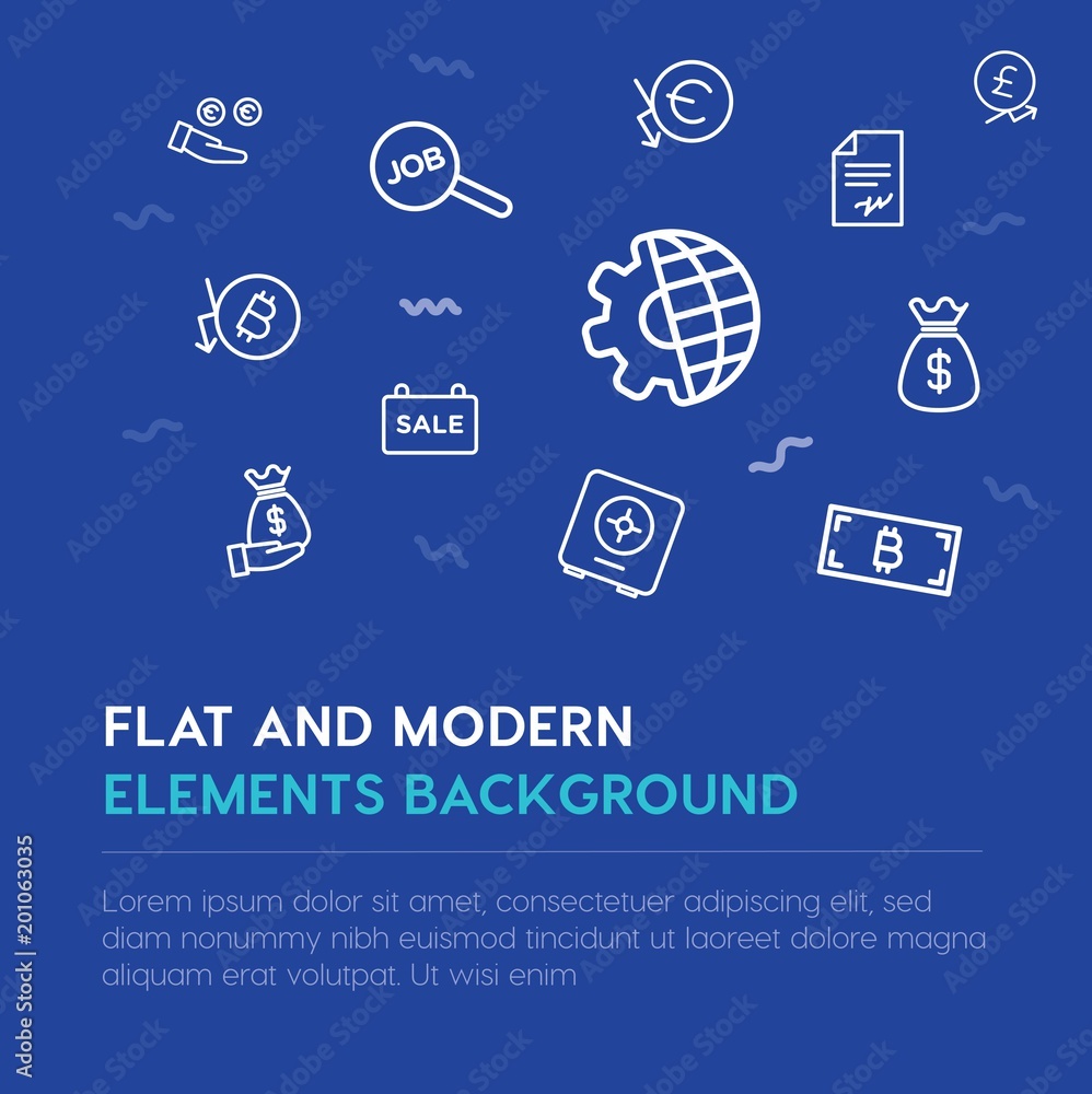 Poster business, money outline vector icons and elements background concept on blue background...multipurpo