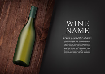 Advertising banner.A realistic bottle of white wine with black label in photorealistic style on wooden dark board,black background like chalk board,text.Wine presentation brochure.Vector illustration