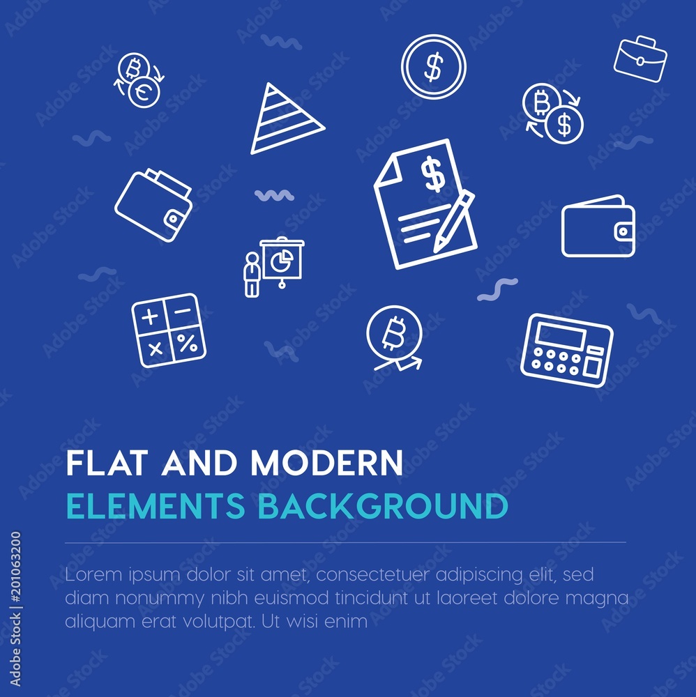 Poster business, money outline vector icons and elements background concept on blue background...multipurpo