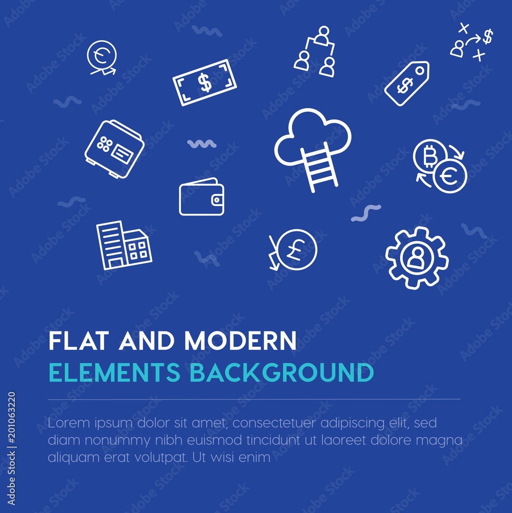 Poster business, money outline vector icons and elements background concept on blue background...multipurpo
