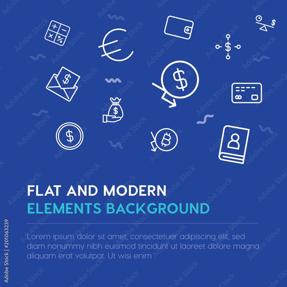Poster business, money outline vector icons and elements background concept on blue background...multipurpo
