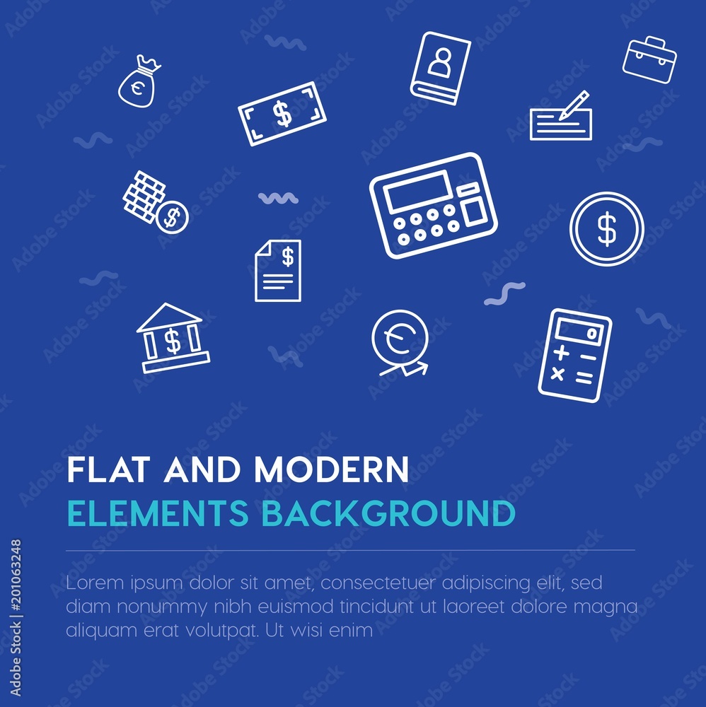 Poster business, money outline vector icons and elements background concept on blue background...multipurpo