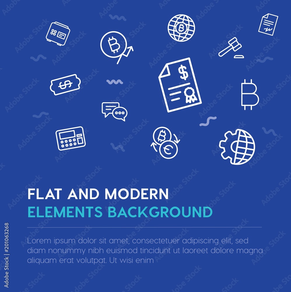 Poster business, money outline vector icons and elements background concept on blue background...multipurpo