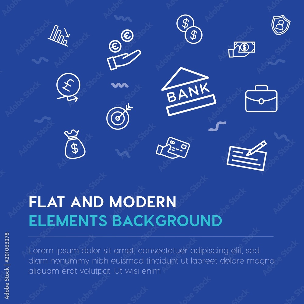 Poster business, money outline vector icons and elements background concept on blue background...multipurpo