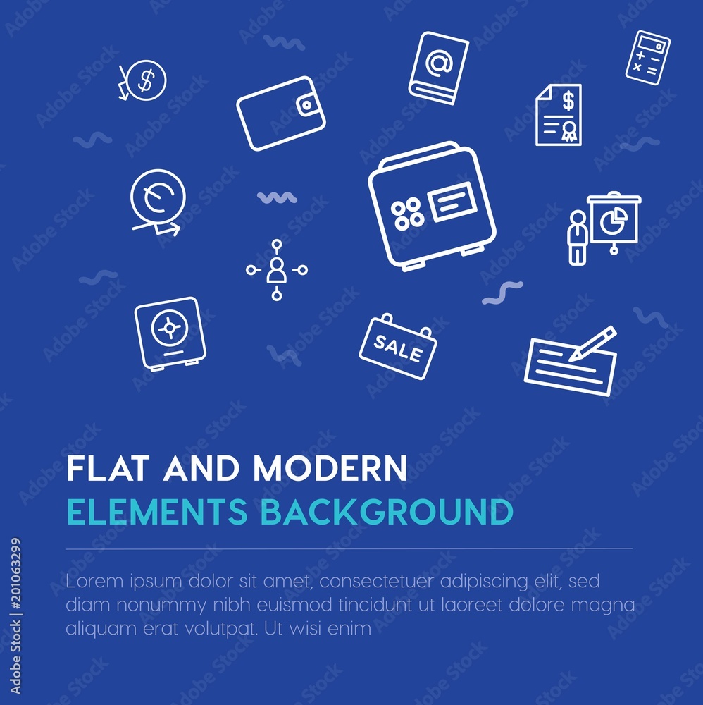 Poster business, money outline vector icons and elements background concept on blue background...Multipurpose use on websites, presentations, brochures and more