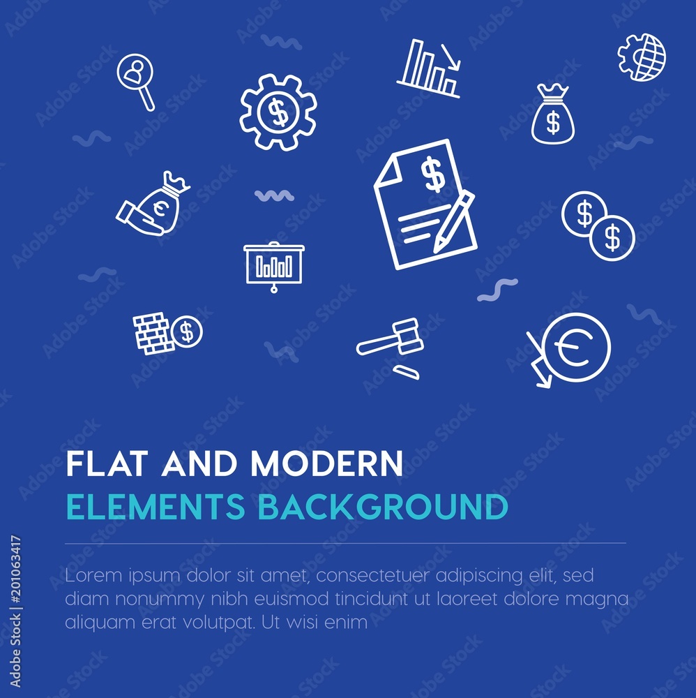 Poster business, money outline vector icons and elements background concept on blue background...multipurpo